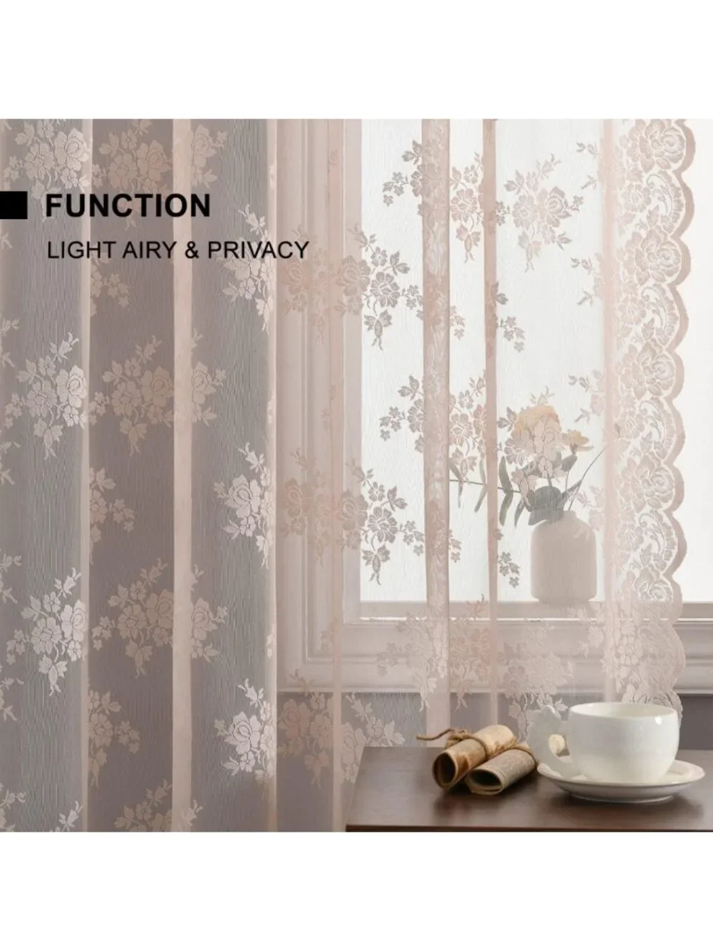 Pink Lace Curtains for Bedroom - Floral Knitted Sheer Drapes, 84